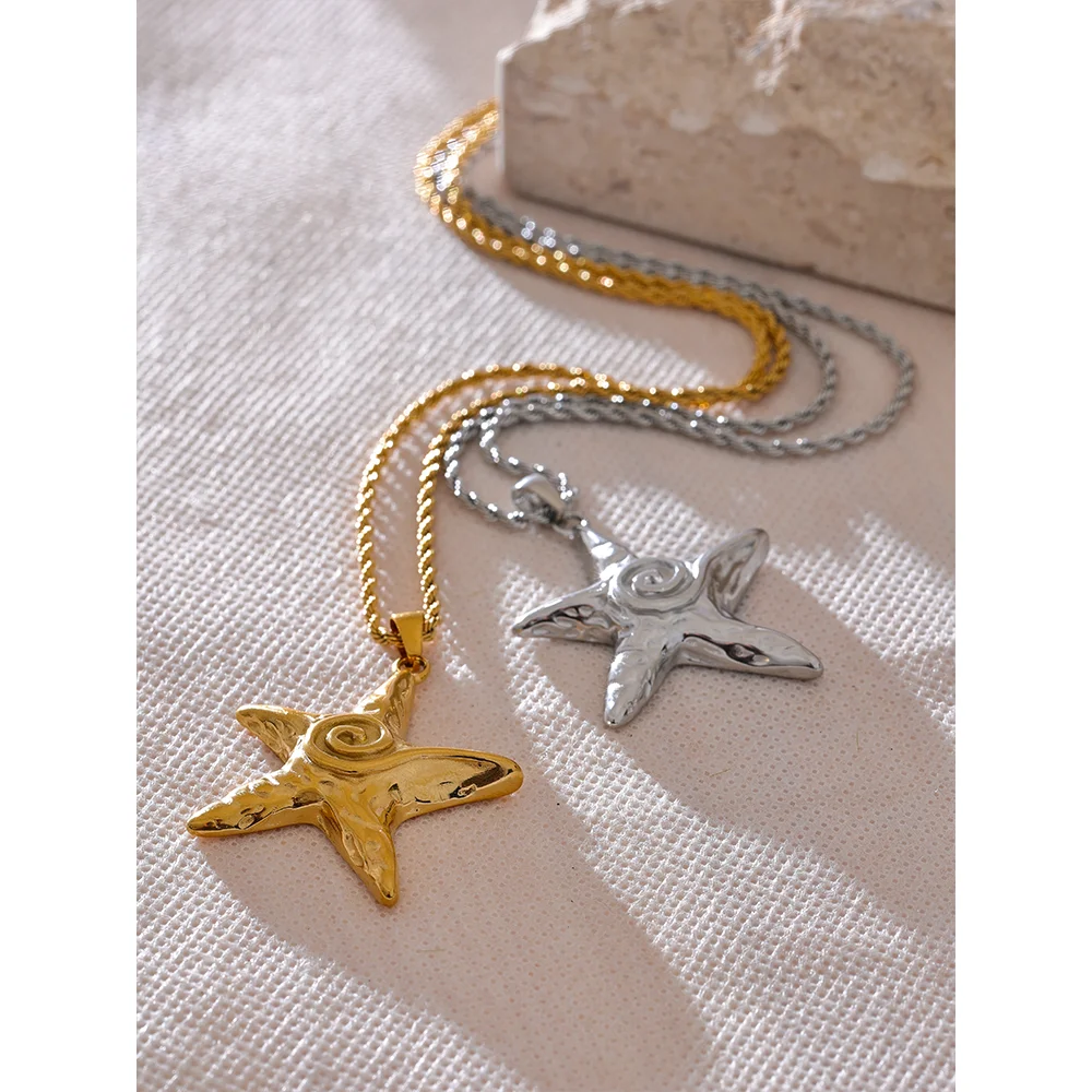 316L Stainless Steel Starfish Pendant Necklace Rust Proof Statement 18K Gold PVD Plated Individualistic Holiday Jewelry