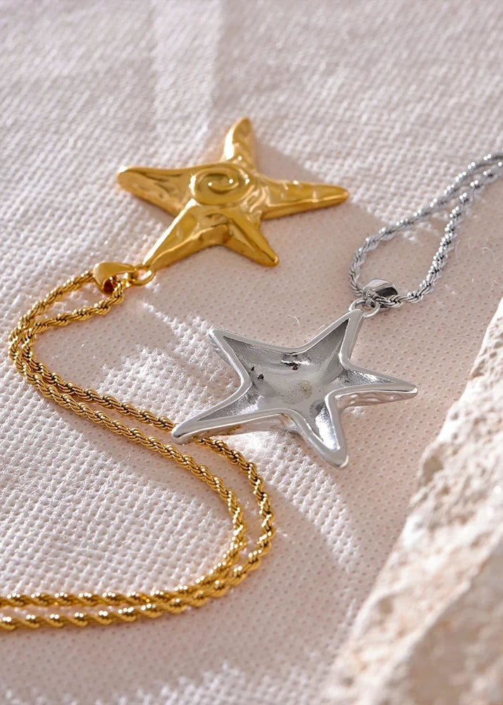 316L Stainless Steel Starfish Pendant Necklace Rust Proof Statement 18K Gold PVD Plated Individualistic Holiday Jewelry