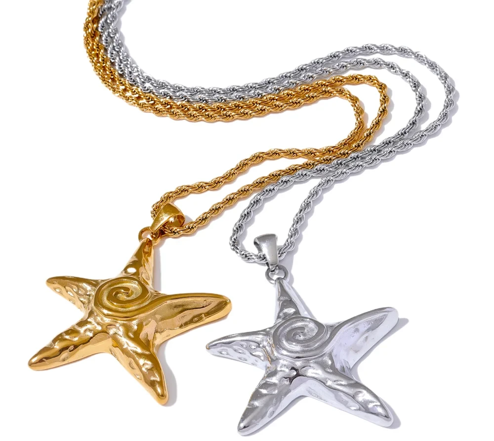 316L Stainless Steel Starfish Pendant Necklace Rust Proof Statement 18K Gold PVD Plated Individualistic Holiday Jewelry