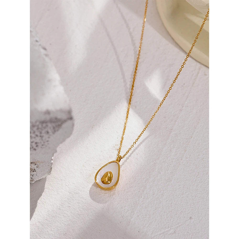 Golden Fruit Pendant Necklace for Women Stainless Steel Jewelry Avocado Natural Shell Fashion Charm Cute Summer Party