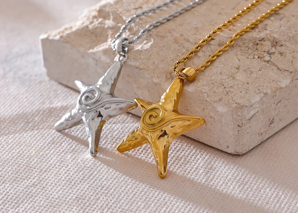 316L Stainless Steel Starfish Pendant Necklace Rust Proof Statement 18K Gold PVD Plated Individualistic Holiday Jewelry