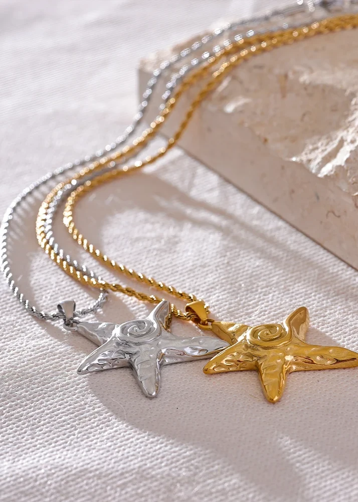 316L Stainless Steel Starfish Pendant Necklace Rust Proof Statement 18K Gold PVD Plated Individualistic Holiday Jewelry